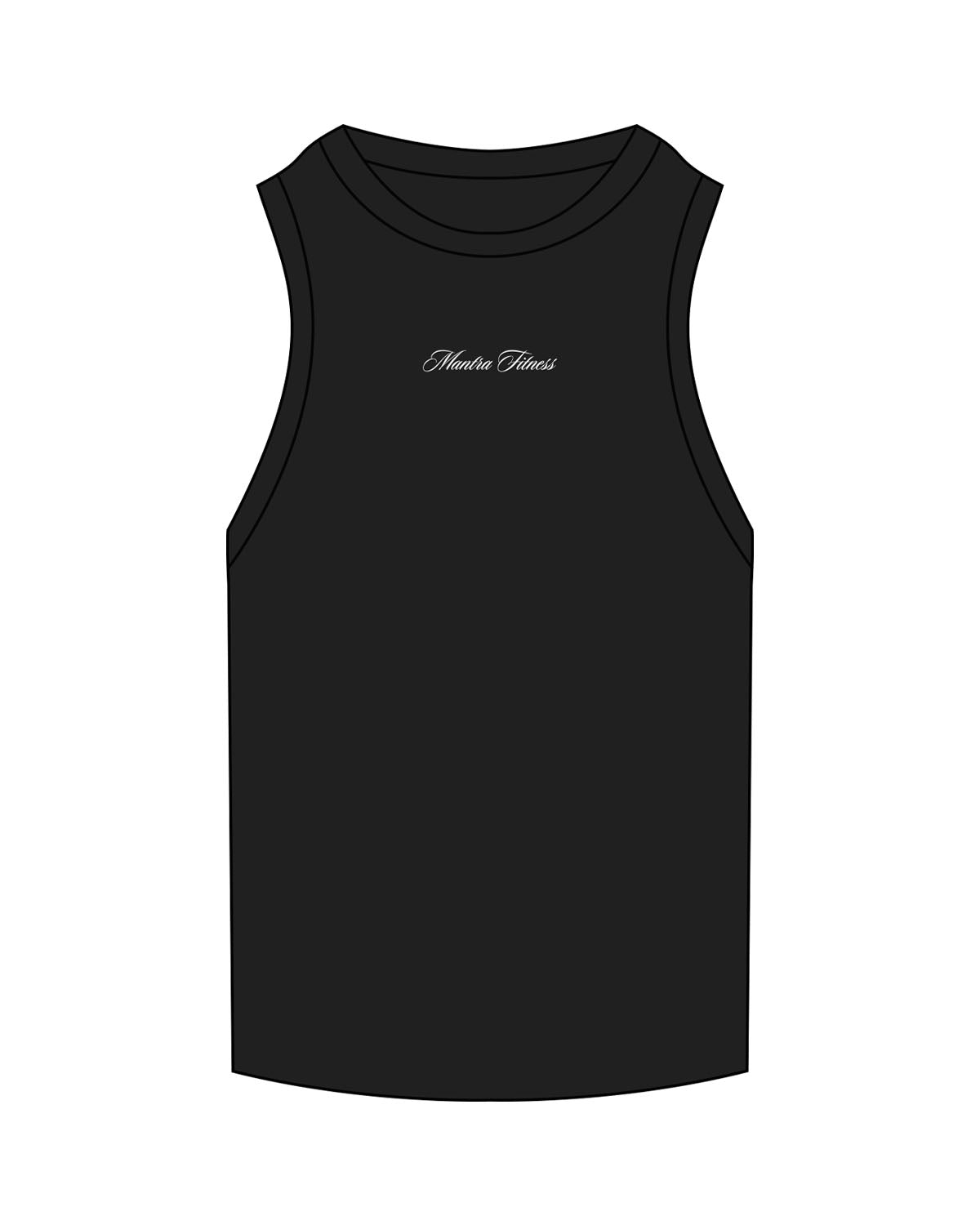 The Ribbed Full Length Tank - Black - Mantra - Center Chest - Embroidered - White