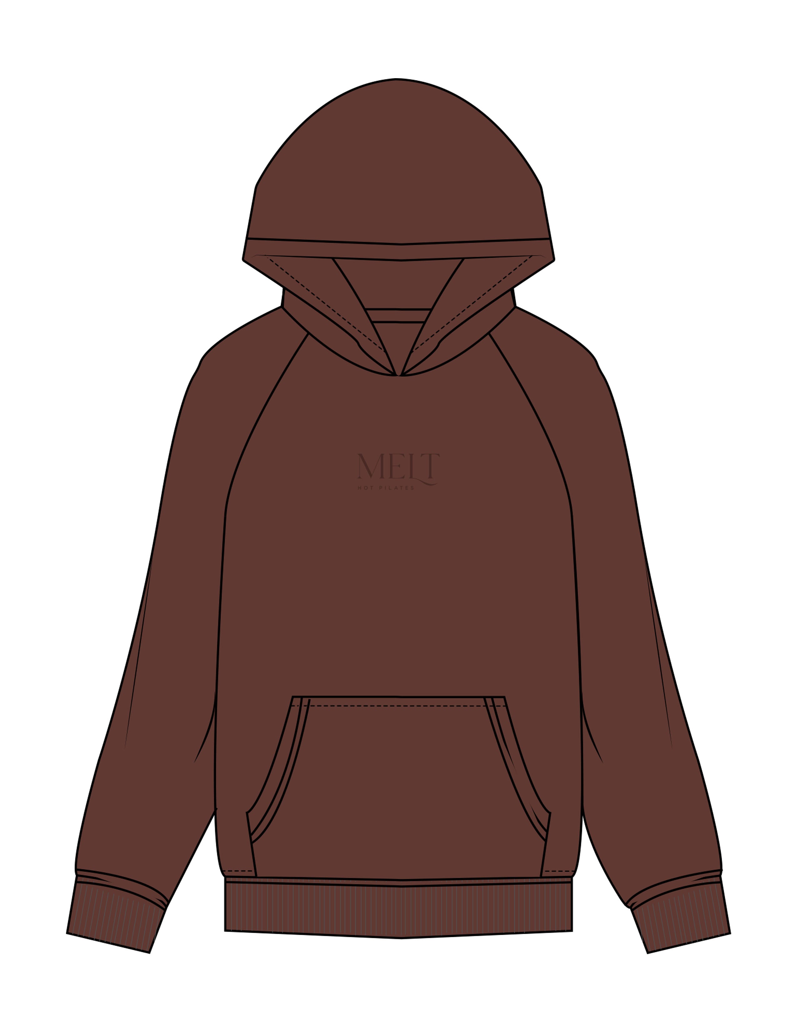 The Mens Hoodie - Chestnut - Melt Hot Pilates - Center Chest Stacked & Back Bottom - Printed - Tone on Tone