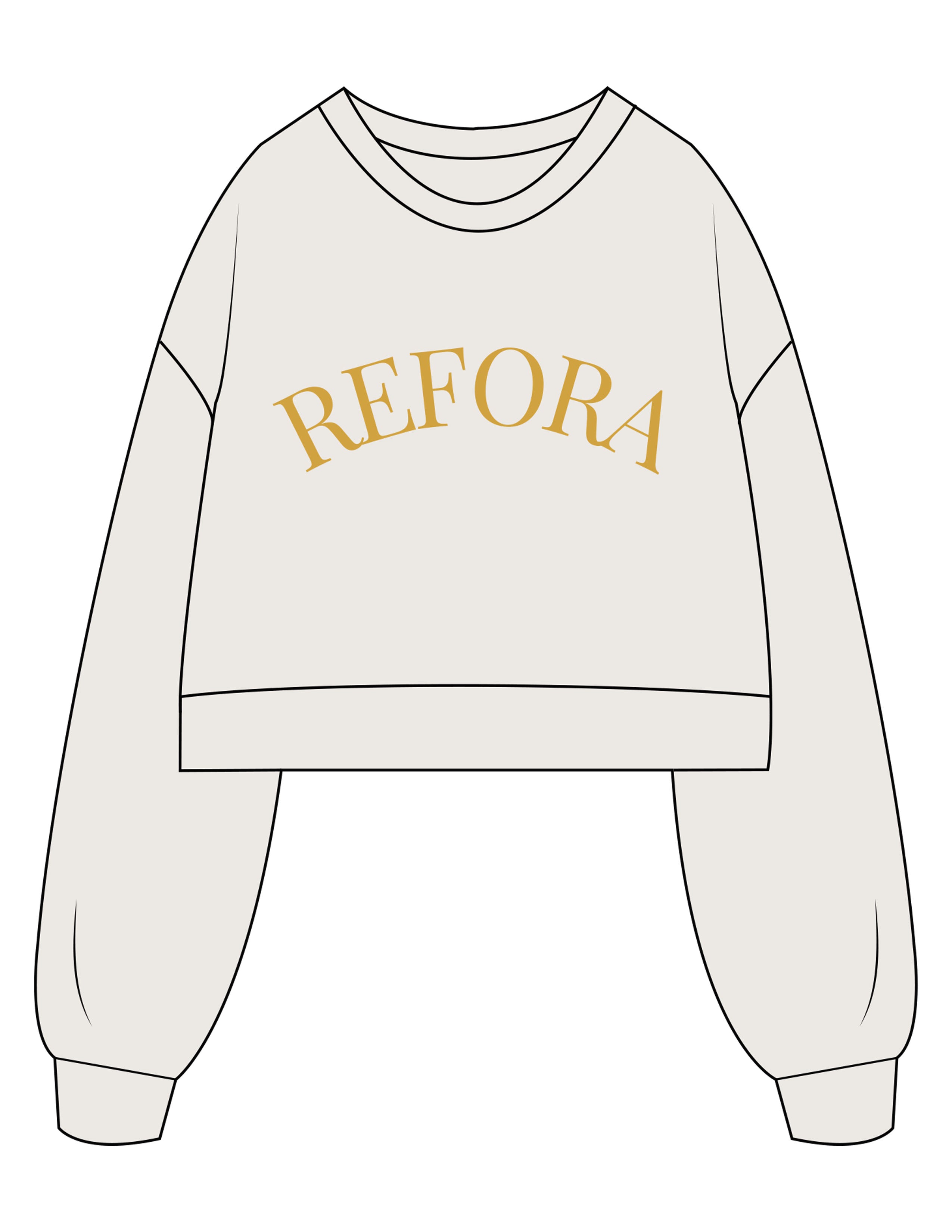 The Womens Crop Crewneck - Bone - REFORA - Center Chest & Back Stacked - Printed - Gold