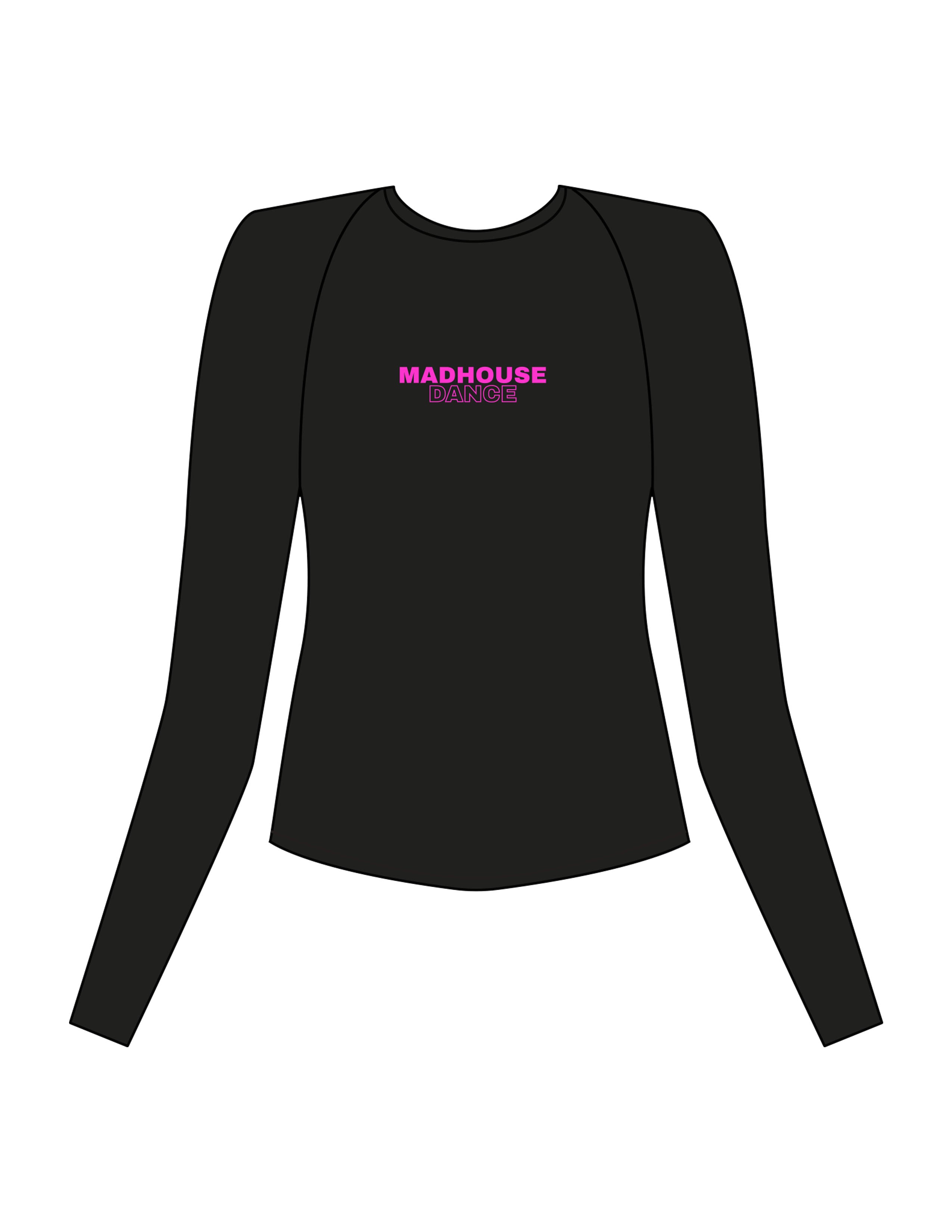 The Womens Sporty Long Sleeve - Black - Mad House - Center Chest Stacked & Back Stacked - Printed - Pink