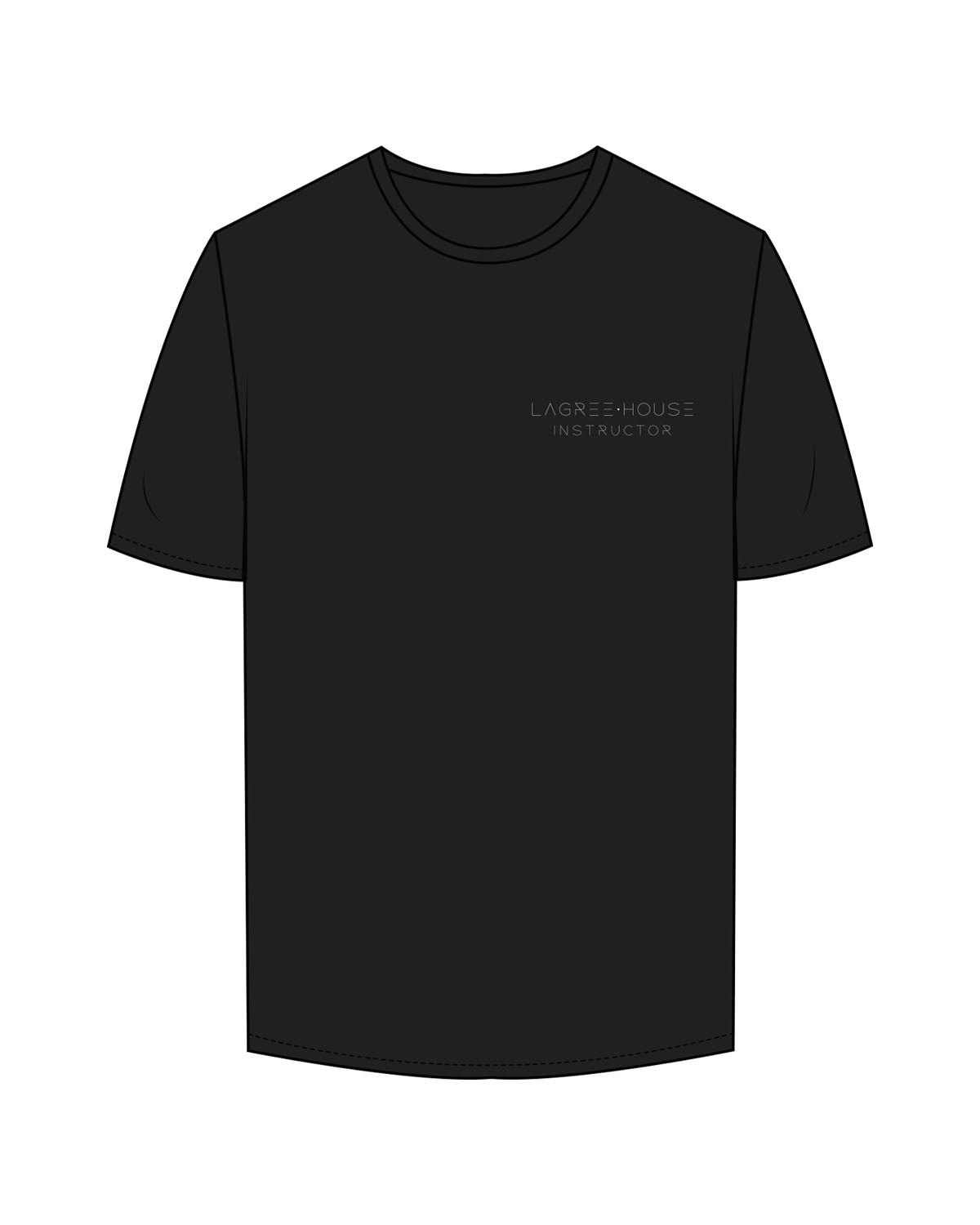 The Mens Tee - Black - Lagree House - Left Chest Stacked - Instructor - Back Neckline - White