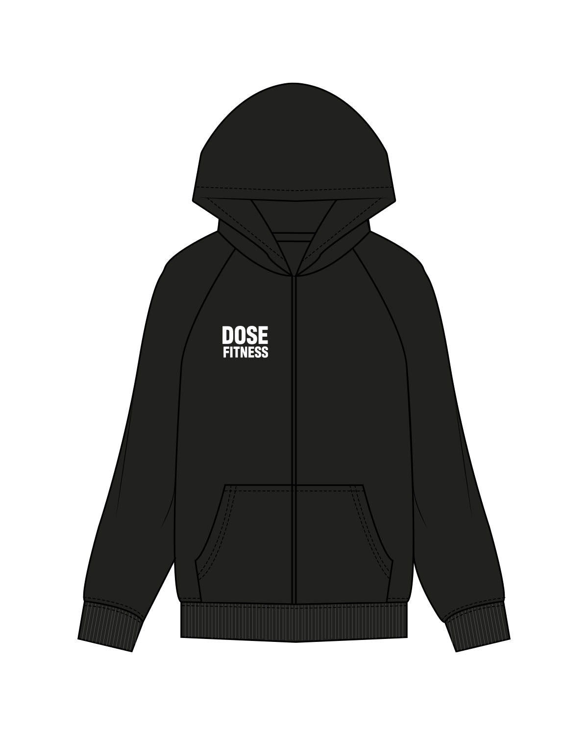 The Womens Zip Hoodie - Black - Dose Fitness - Right Chest & Back Center Stacked - White