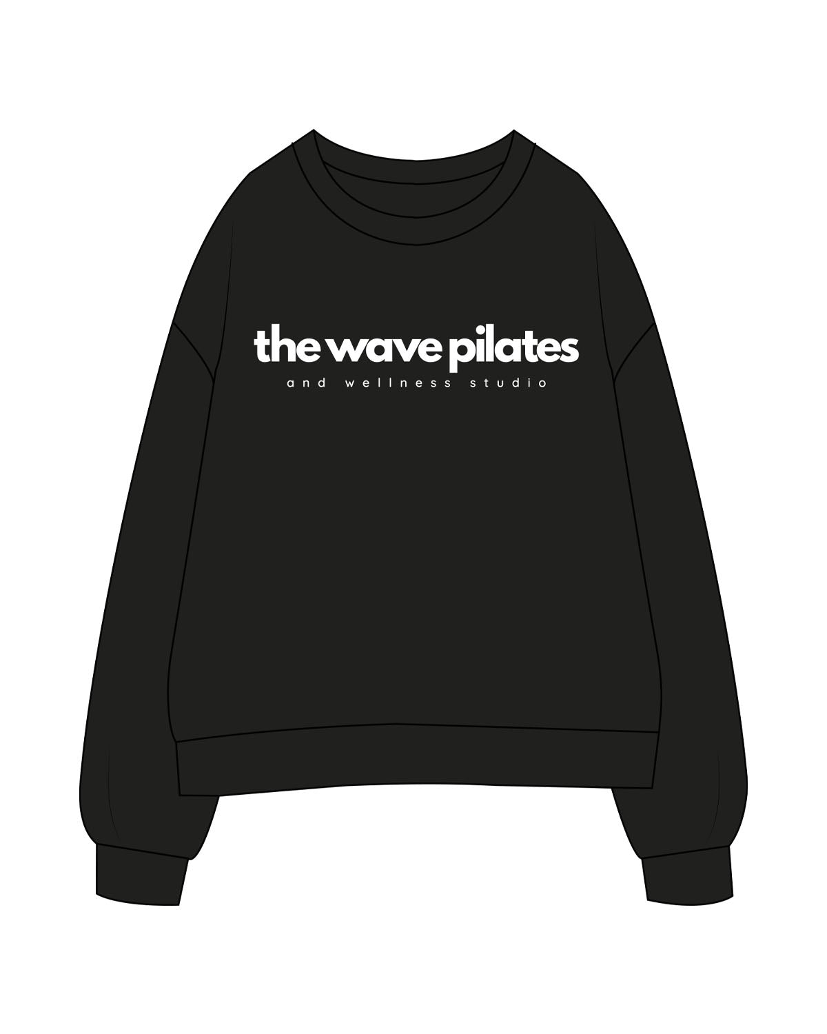 The Womens Crewneck - Black - The Wave Pilates - Center Chest Stacked - White