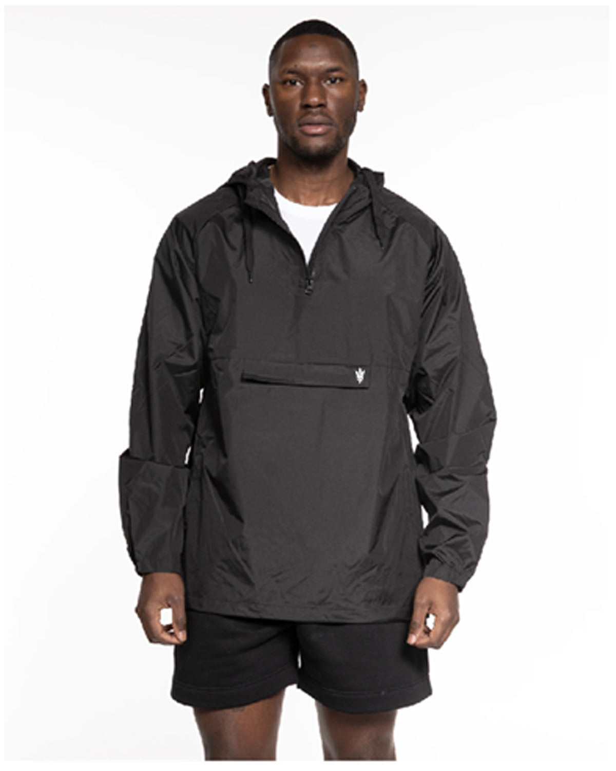 The Mens Windbreaker - Black - Warren - Center Body Logo & Center Back Stacked - Printed - White