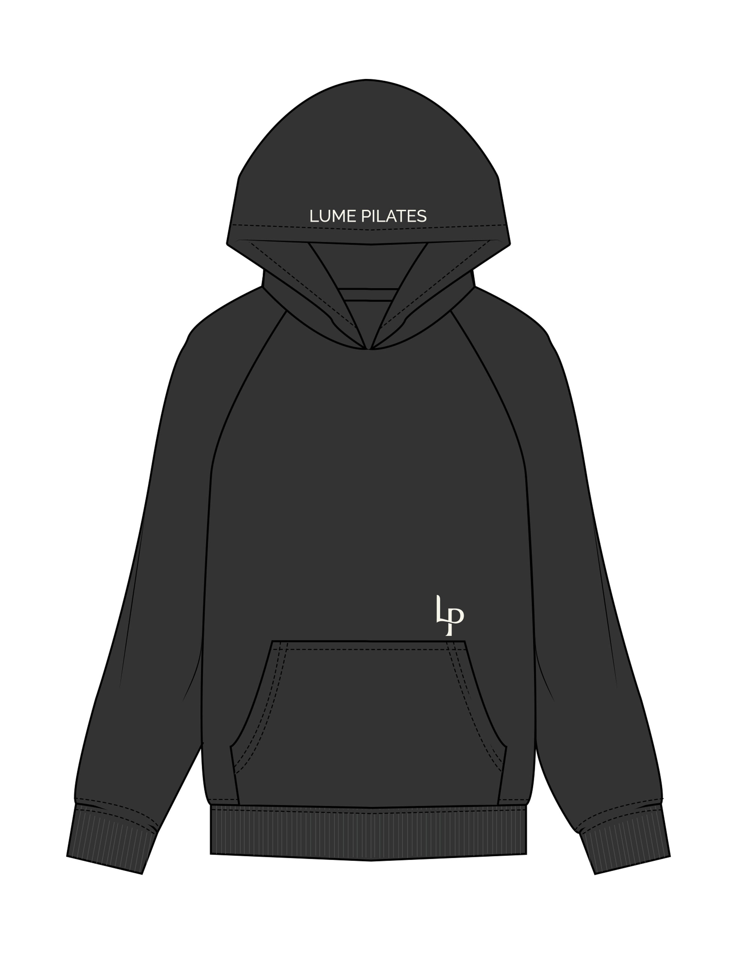 The Mens Hoodie - Washed Black - Lume Pilates - Front Upper Pocket - Hoodie & Back Image - Printed - Off White