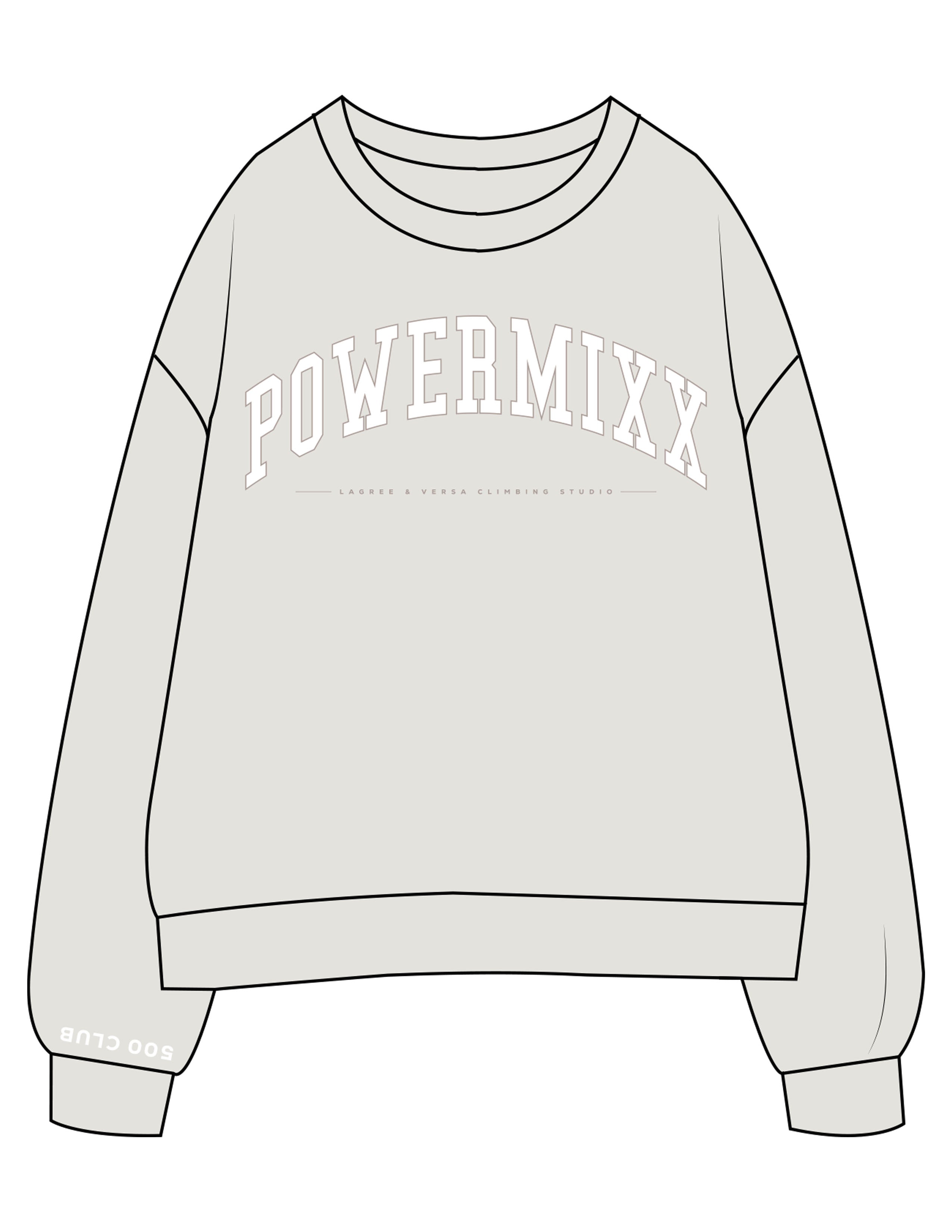 The Womens Crewneck - Washed Bone - PowerMixx - Chest Arc Stacked & Back Neckline - Right Wrist - Printed - Full Color