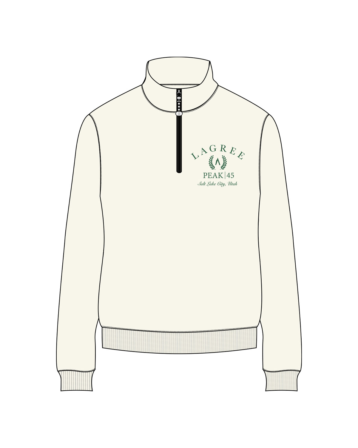 The Womens 1/4 Zip - Off White - Peak 45 - Salt Lake  - Left Chest Stacked - Green