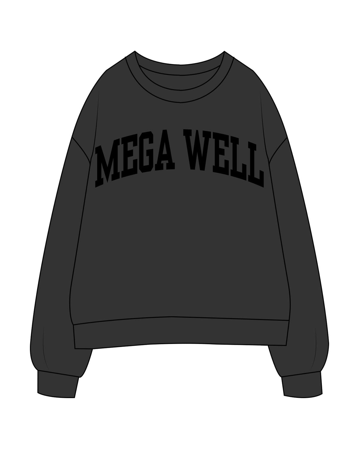 The Womens Crewneck - Washed Black - Mega Well - Center Chest Arc - Printed - Black