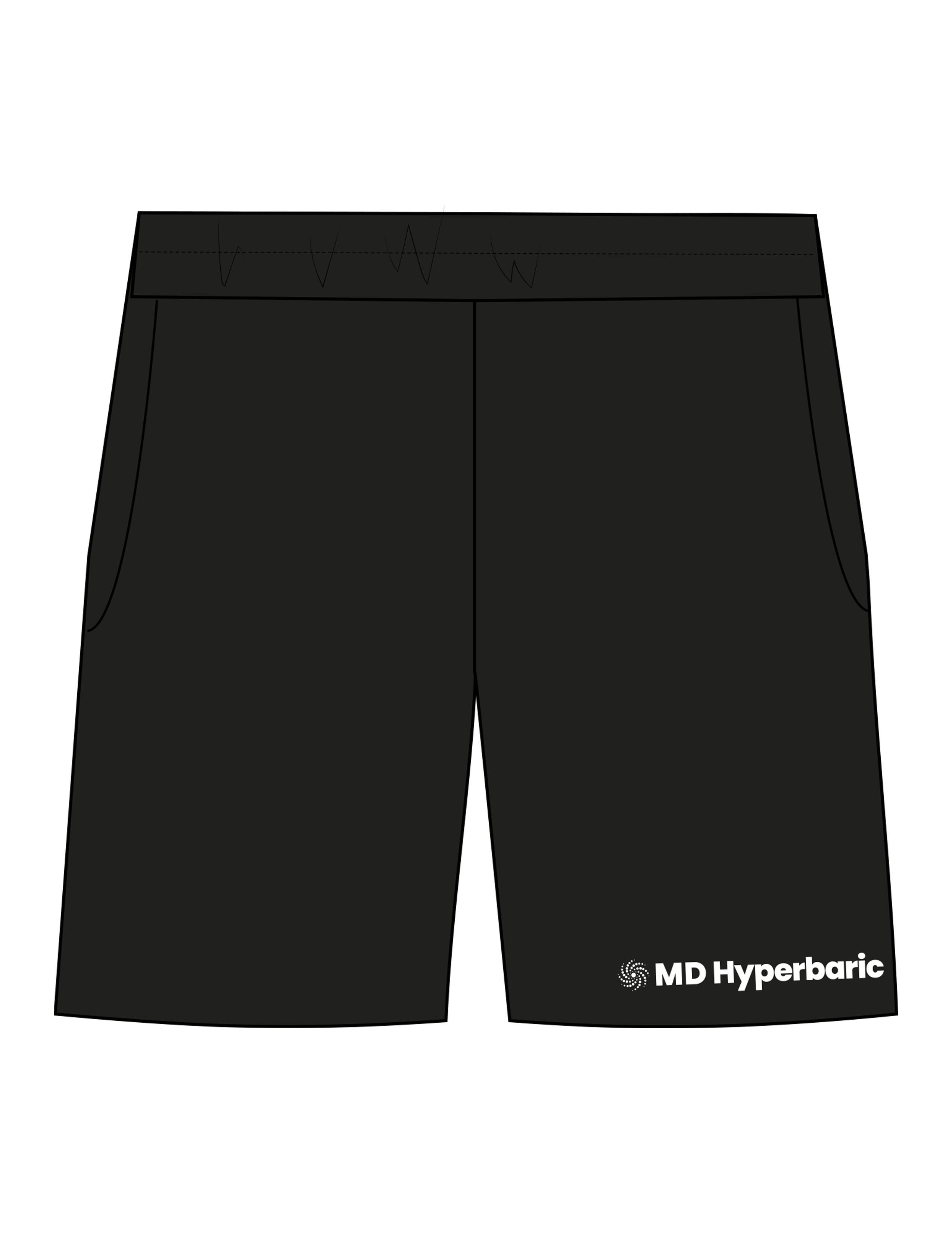 The Mens Sweat Shorts - Black - MD Hyperbaric - Front Bottom Leg - Printed - White