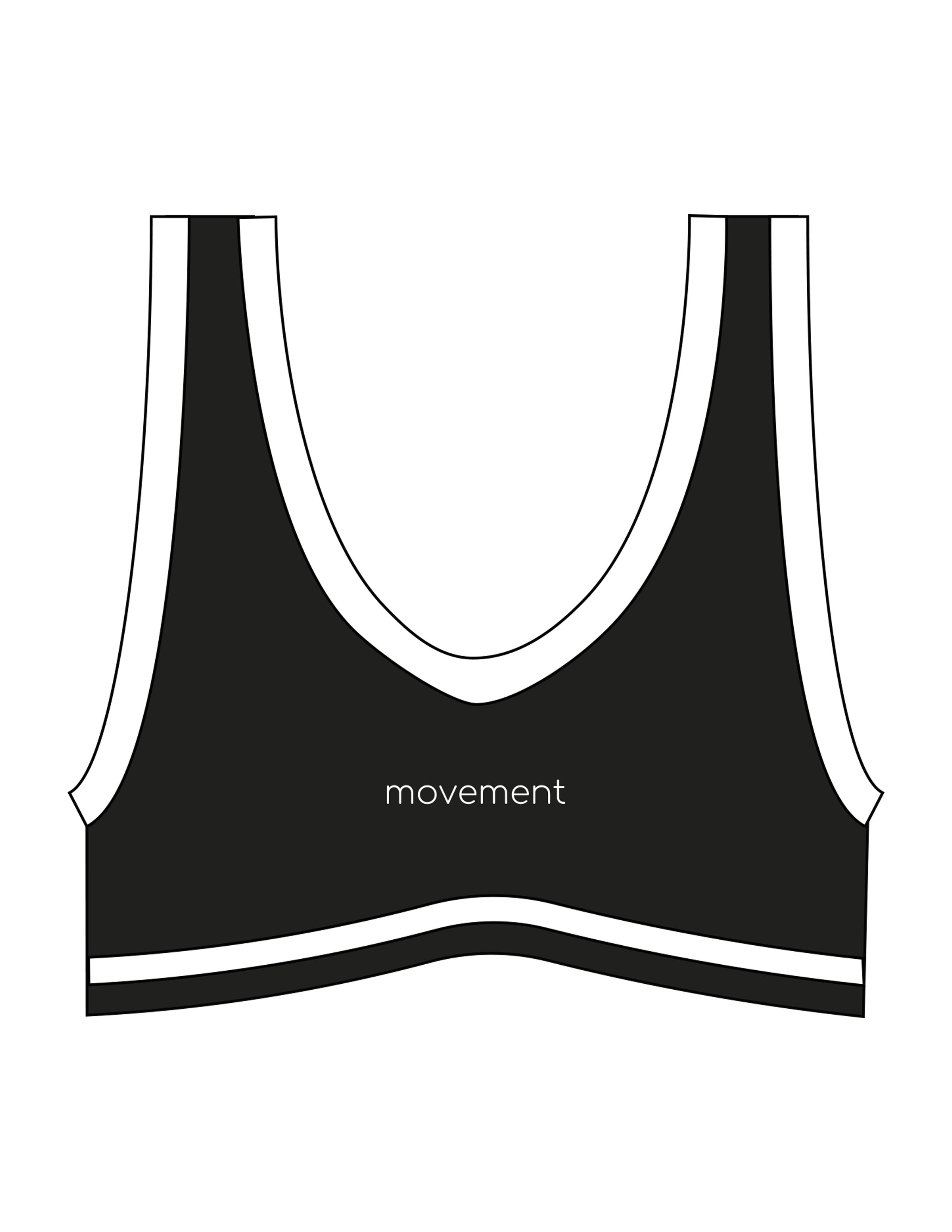 The Piped Bra - Black - Movement Pilates Buffalo - Center Chest - Printed - White