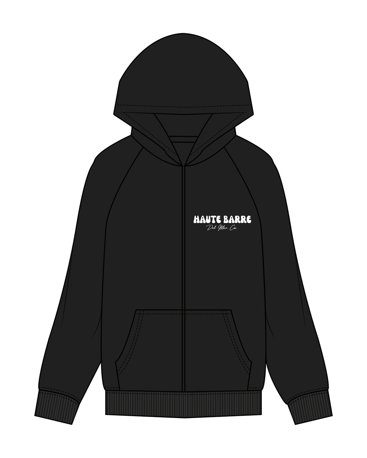 The Womens Zip Hoodie - Black - Haute Barre - Left Chest Stacked & Back Stacked - White