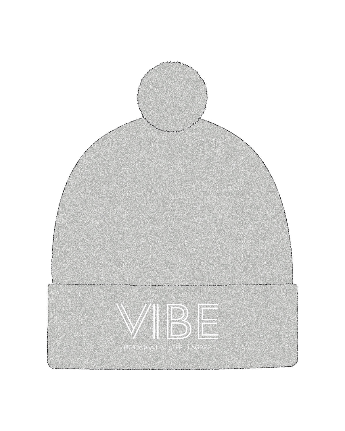 The Pom Pom Beanie - Grey - Vibe Hot Yoga & Pilates - Center Brim Stacked - Embroidered - White