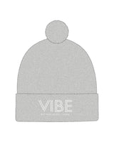 The Pom Pom Beanie - Grey - Vibe Hot Yoga & Pilates - Center Brim Stacked - Embroidered - White