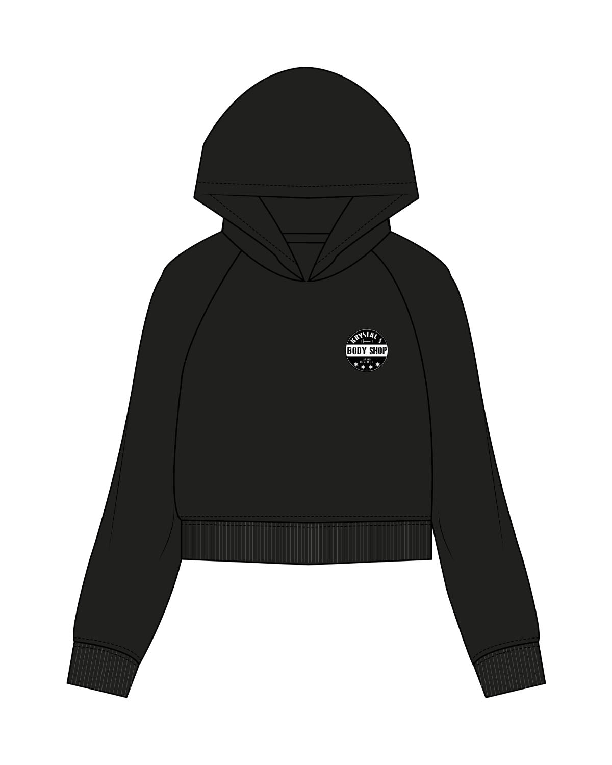 The Womens Crop Hoodie - Black - Krystals Body Shop - Left Chest - Printed - Full Color