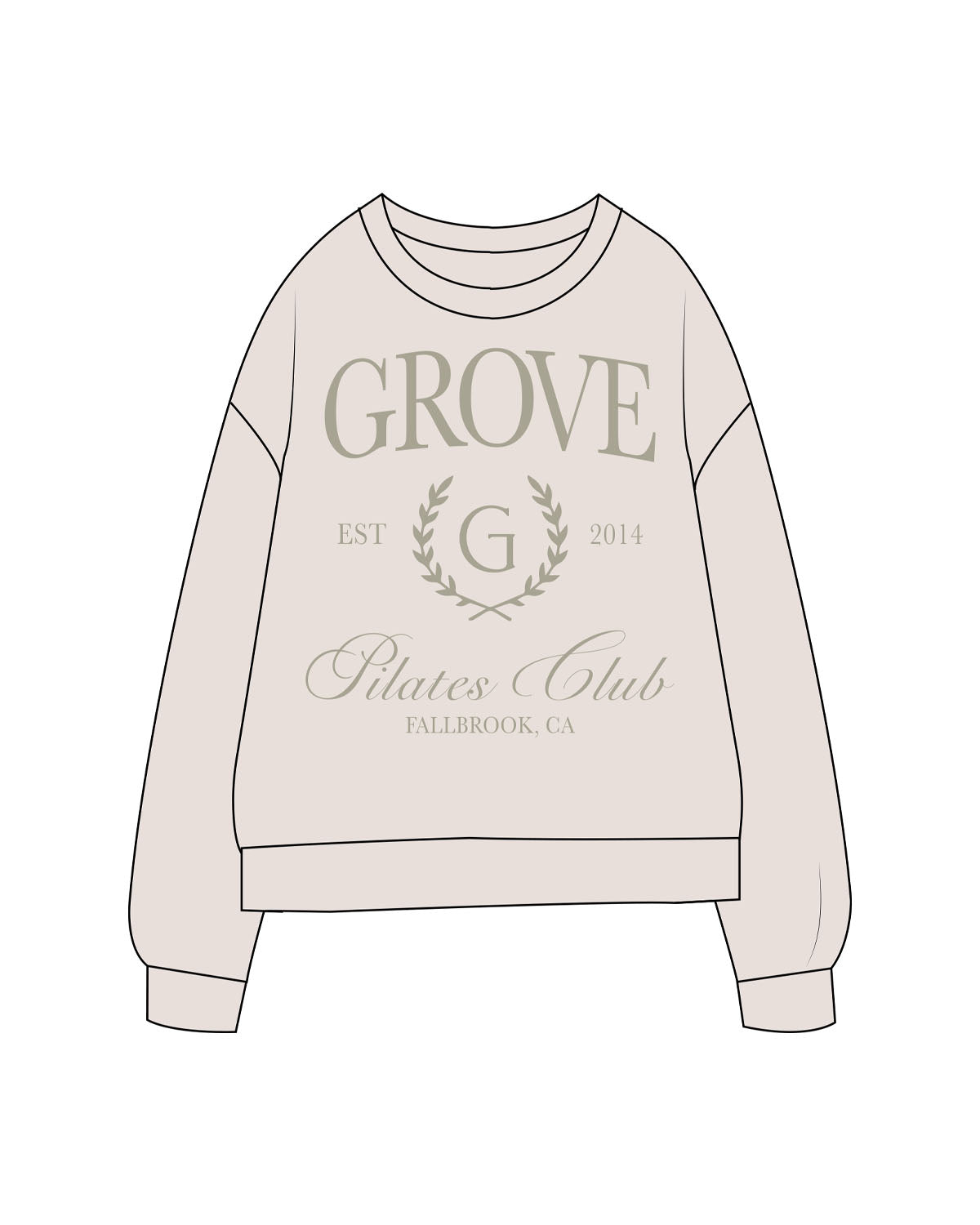 The Midweight Unisex Crewneck - Washed Ivory - Grove Pilates - Full Front Stacked & Back Neckline - Printed - Eucalyptus
