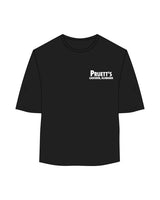 The Oversized Crop Tee - Black - Pruetts BBQ - Left Chest Stacked - Printed - White