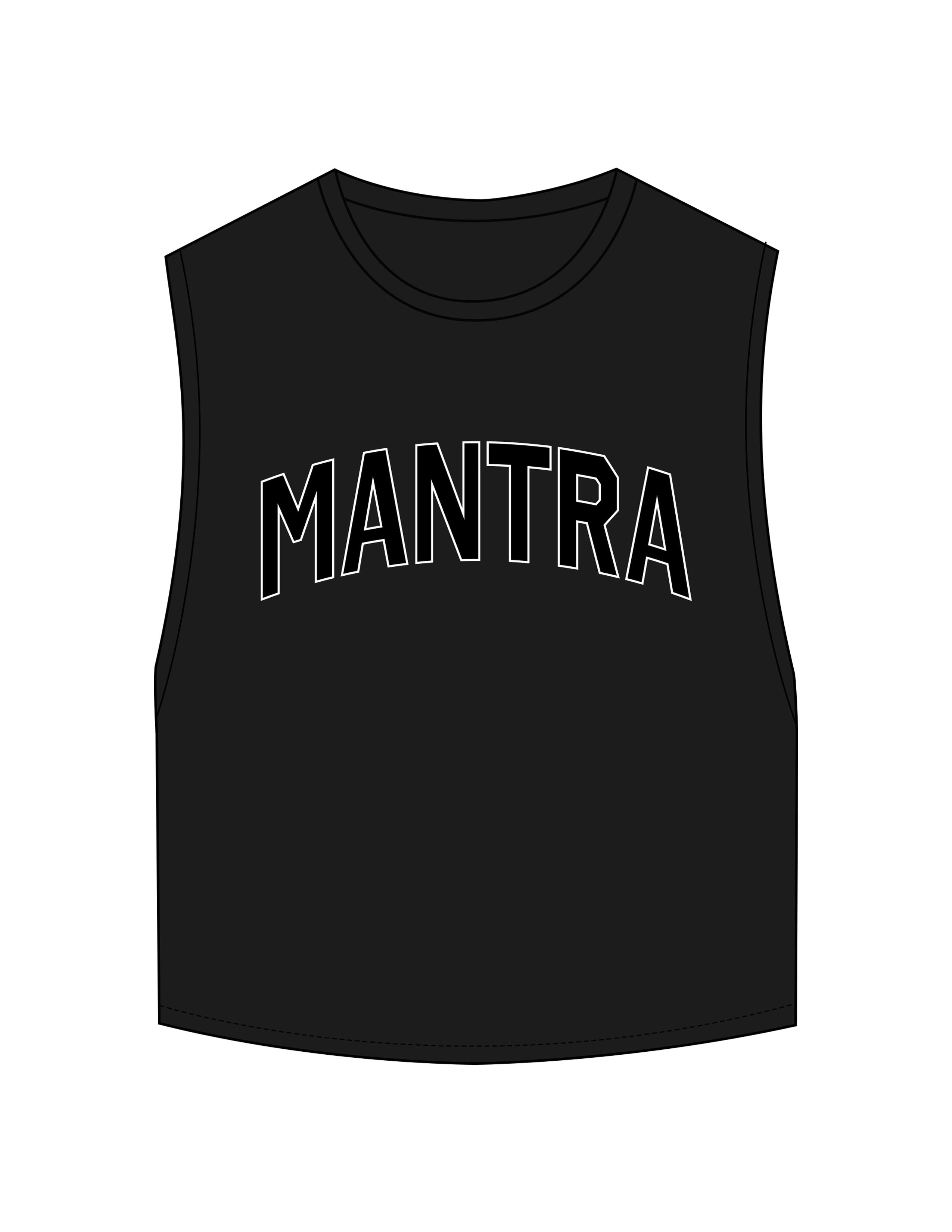 The Crop Muscle Tank - Black  - Mantra - Center Chest Arc - Printed - Full Color