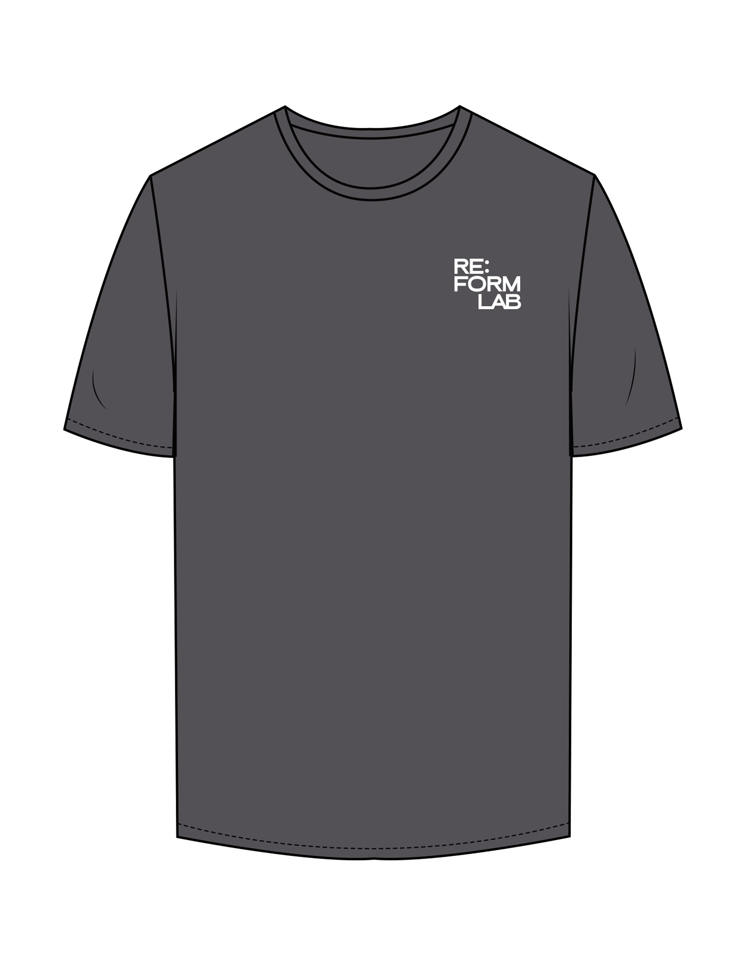 The Mens Tee - Charcoal - THE RE:FORM LAB - Left Chest Stacked & Back Stacked - Printed - White