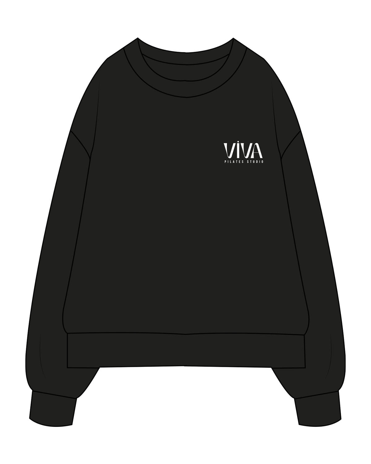 The Womens Heavyweight Crewneck - Black - Viva Pilates - Left Chest Stacked & Back Stacked - Printed - White