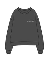 The Mens Crewneck - Washed Black - The Booty Shop - Left Chest & Back Stacked - White