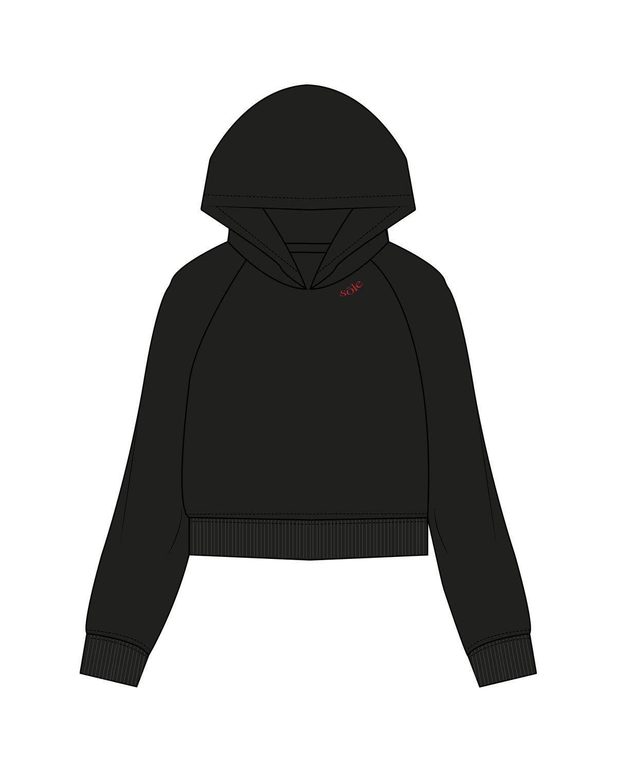 The Womens Crop Hoodie - Black - Sōle - Front Neckline - Embroidered - Red