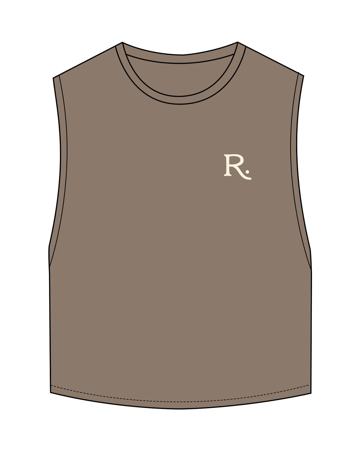 The Crop Muscle Tank - Cacao - Raising Rock - Left Chesst & Back Center Stacked - Printed - Cream
