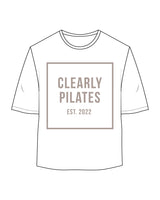 The Oversized Crop Tee - White - Clearly Pilates - Center Chest Stacked & Center Back Stacked - Bone