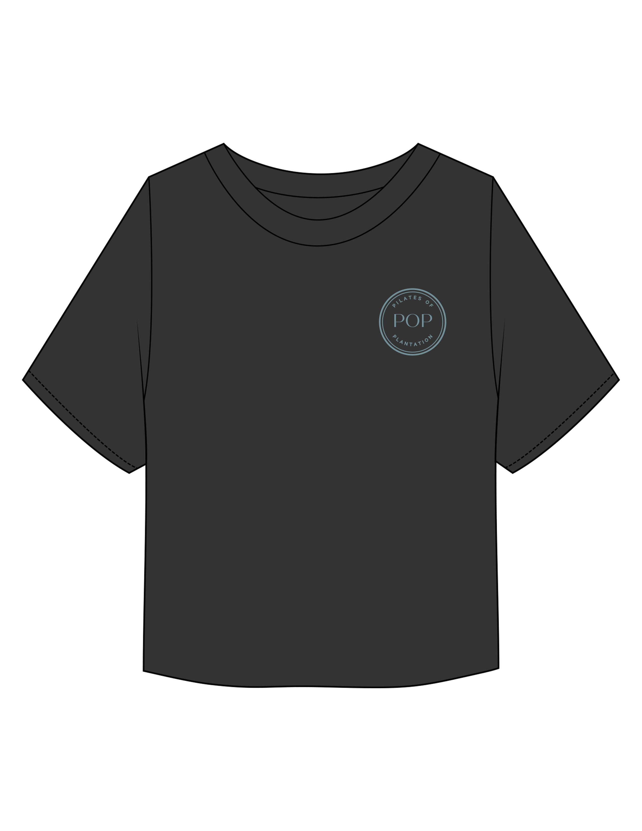 The Midweight Crop Tee - Black - Pilates of Plantation - Left Chest Round & Back Stacked - Printed - Blue