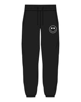 The Womens Sweatpants - Black - Pilates by Nix - Left Leg - Below Pocket - Embroidered - Smiley W/ Heart Eyes - White