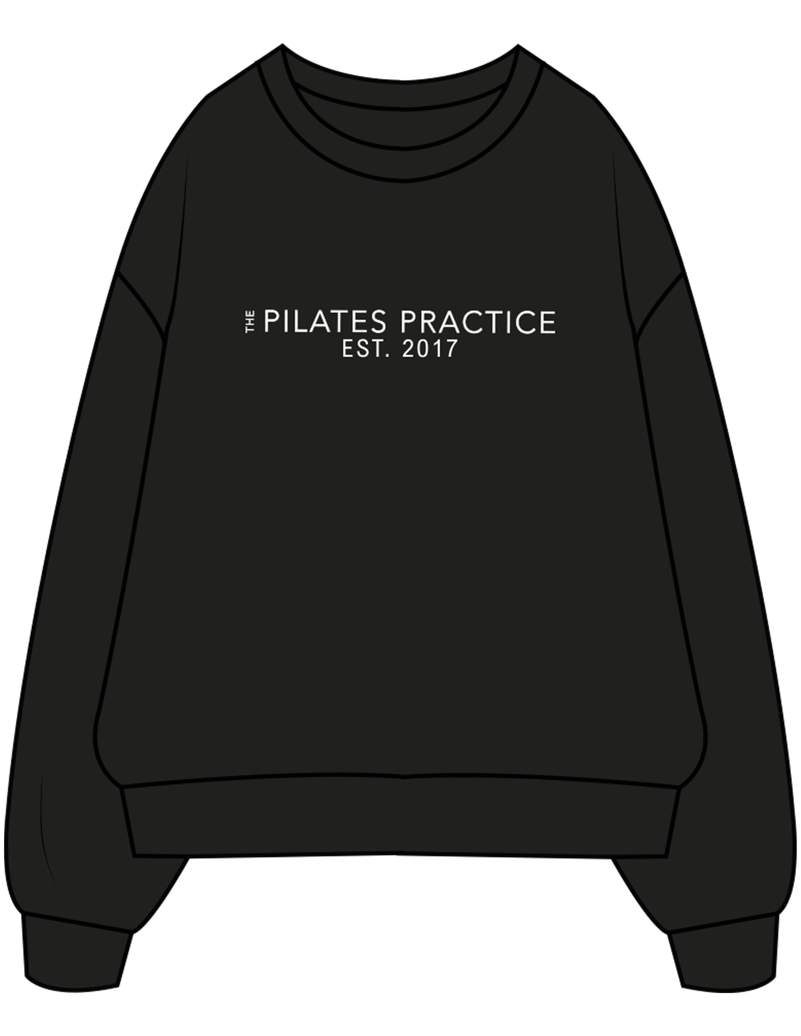 The Mens Crewneck - Black - Pilates Practice - Center Chest Stacked - Printed - White