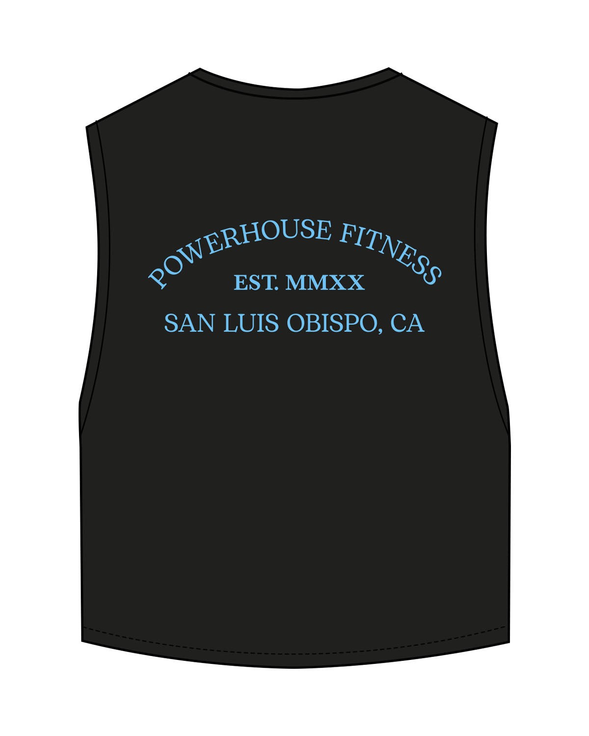 The Crop Muscle Tank - Black - Powerhouse Fitness - Center Back Stacked - Printed - Blue