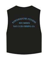 The Crop Muscle Tank - Black - Powerhouse Fitness - Center Back Stacked - Printed - Blue