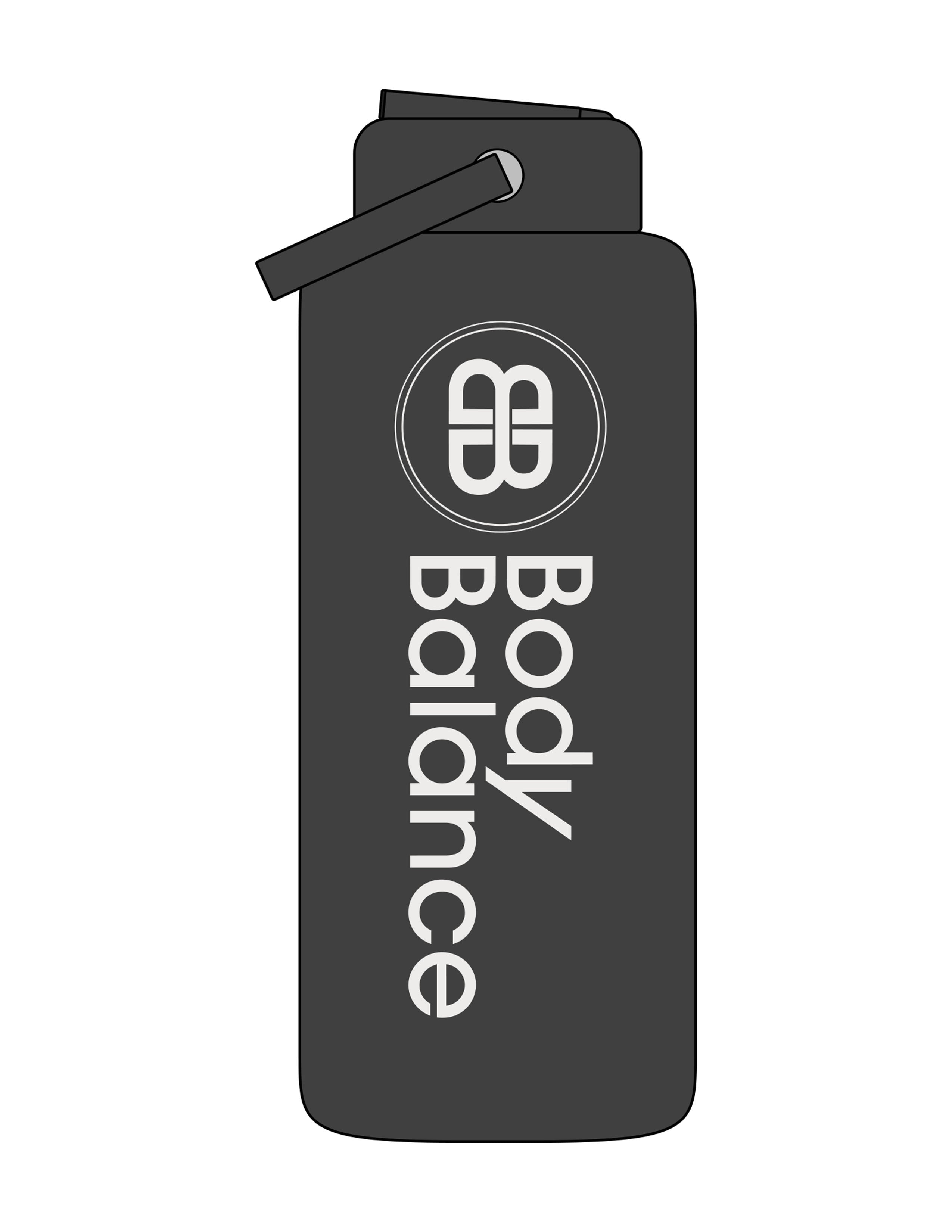 The Wide Mouth Water Bottle - Charcoal - Body Balance - Center Body Stacked - Printed - Off White