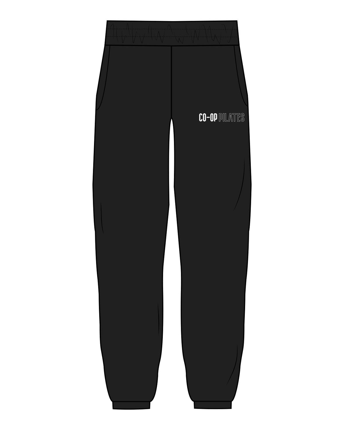 The Womens Sweatpants - Black - Co-Op Pilates - Left Leg Pocket - Embroidered - White