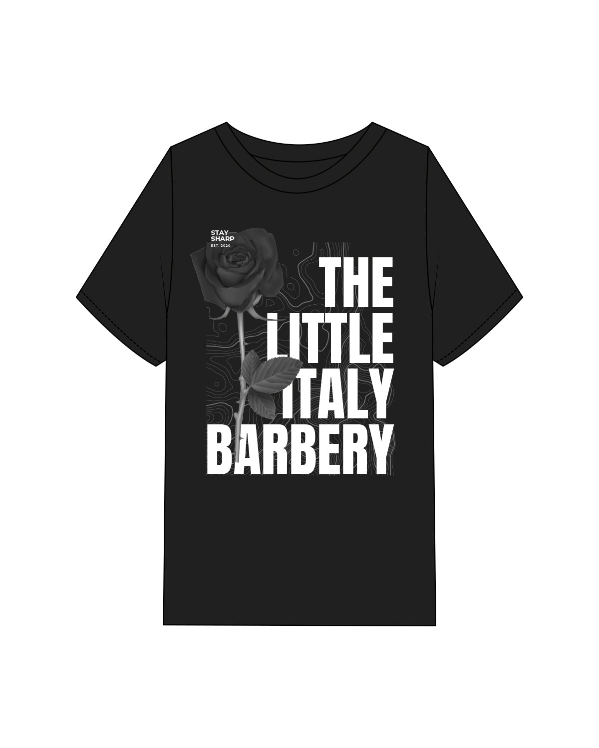 The Mens Heavyweight Tee - Black - Little Italy Barbery - Center Full Chest - Full Color