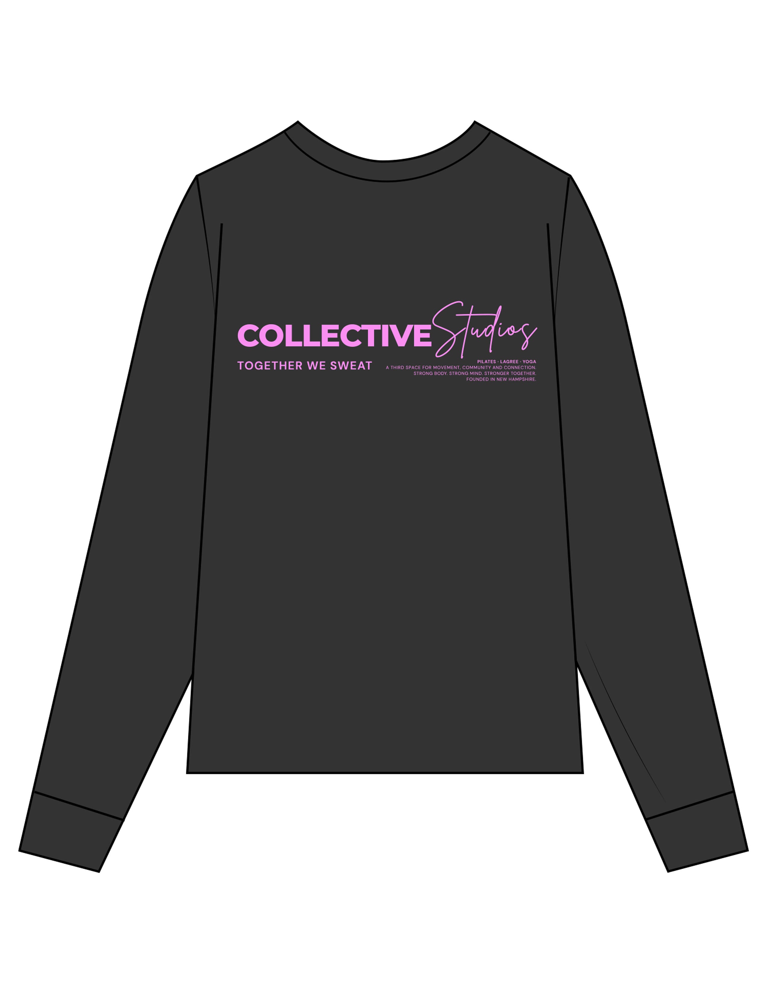The Mens Heavyweight Long Sleeve - Washed Black - Collective Studios - Left Chest & Back Stacked "Pilates" - Printed - Pink