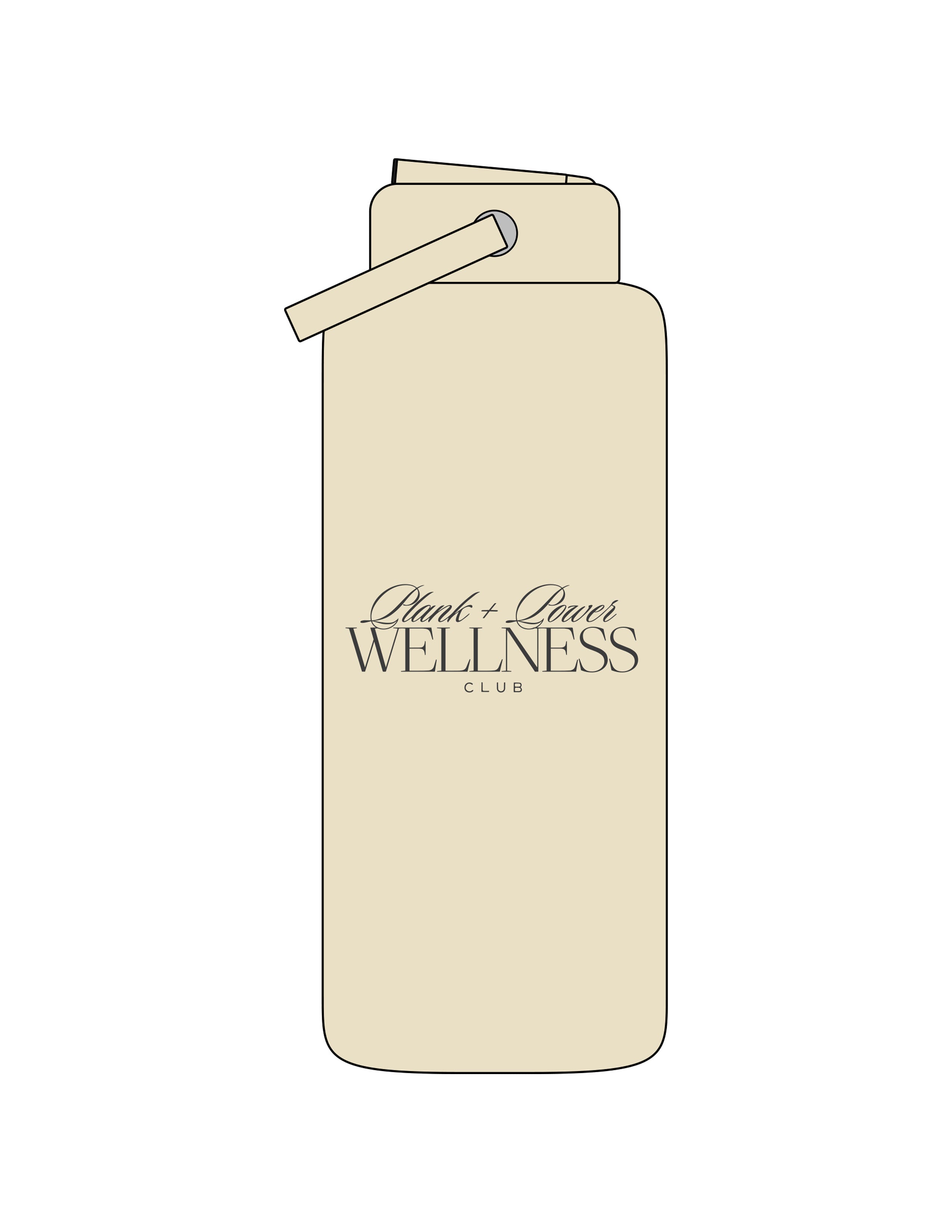 The Wide Mouth Water Bottle - Cream - Plank + Power - Center Body Stacked - Printed - Charcoal