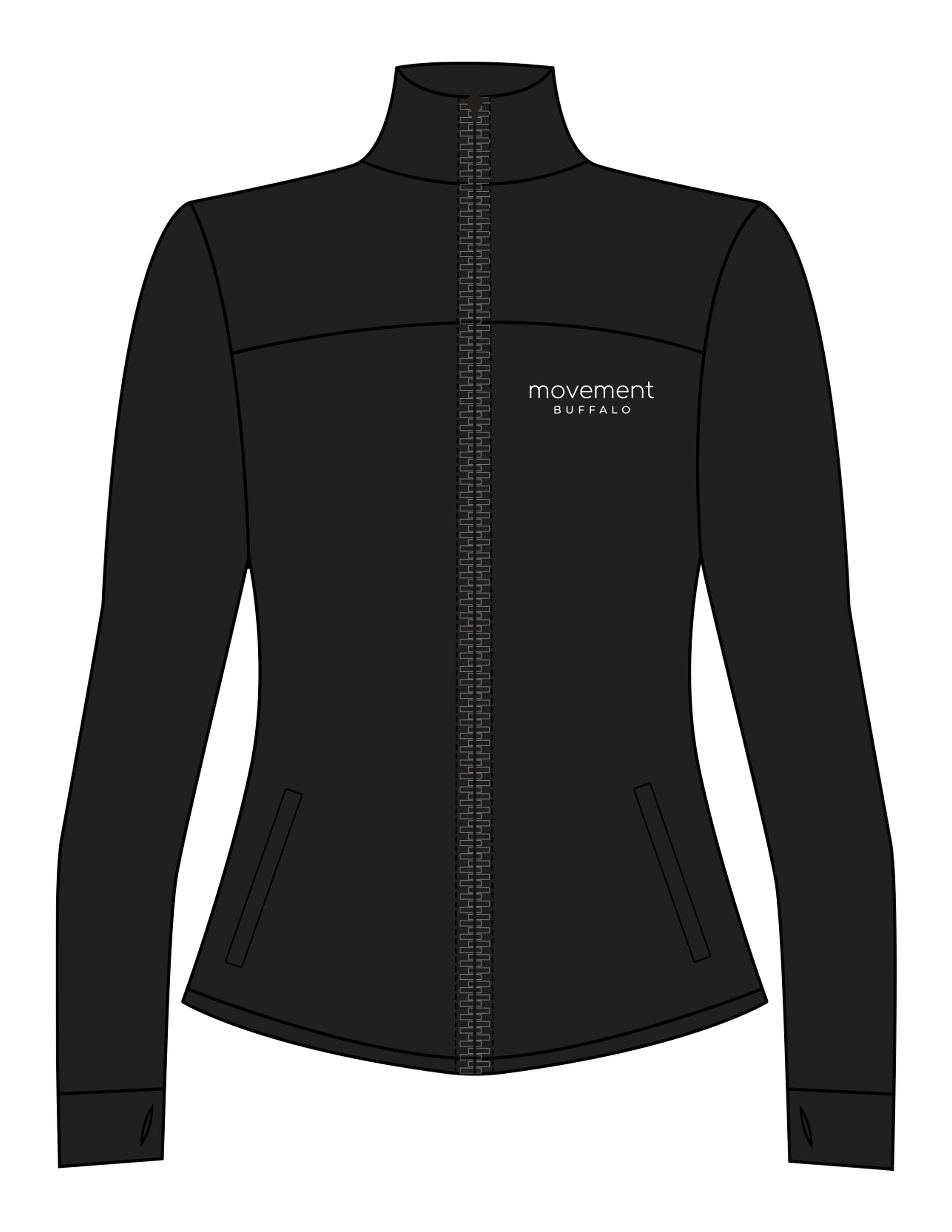 The Womens Zip Jacket - Black - Movement Pilates Buffalo - Left Chest Stacked & Center Back - Printed - White