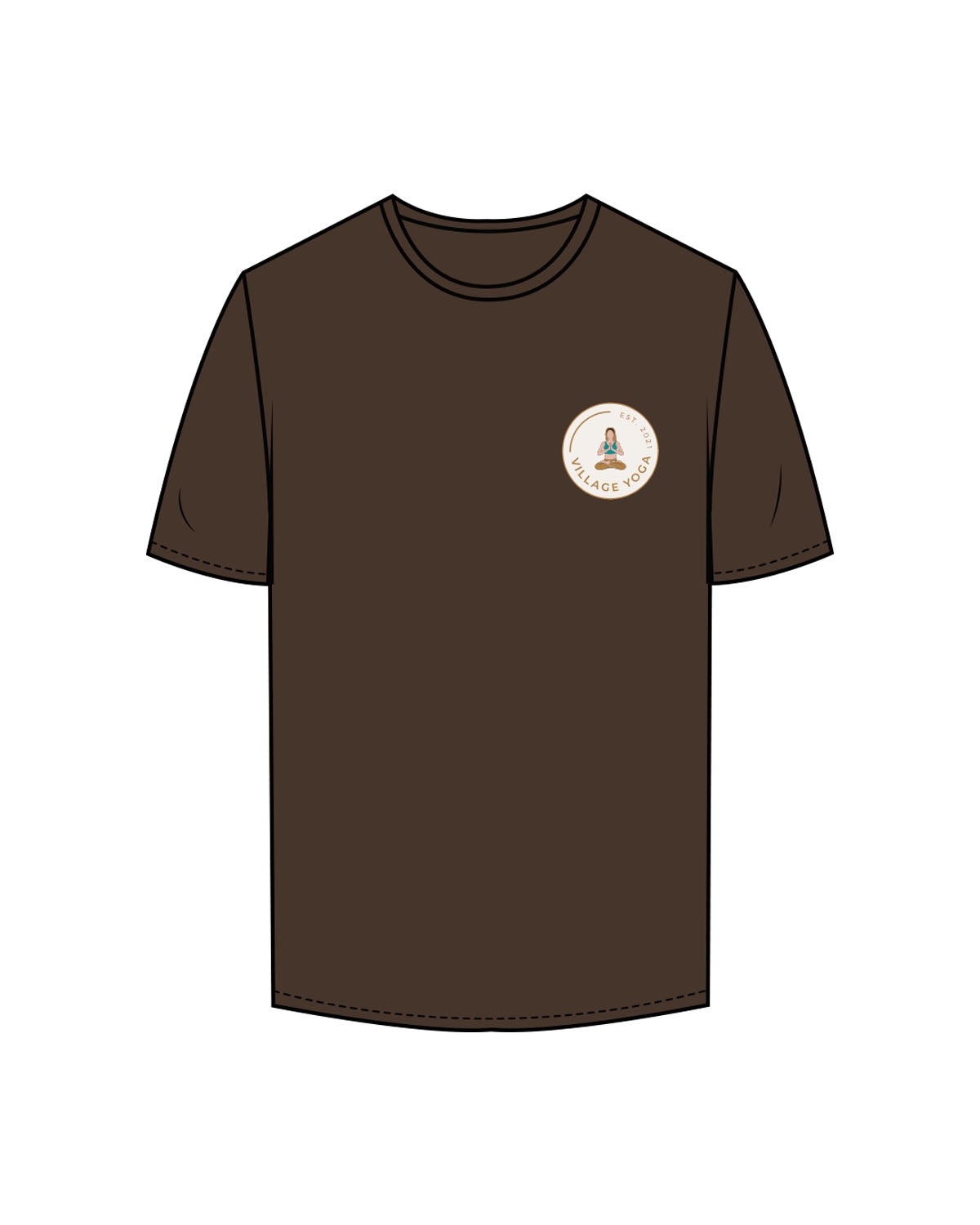 The Mens Tee - Chocolate - Village Yoga - Center Chest Circular & Center Back Stacked - Printed - Full Color