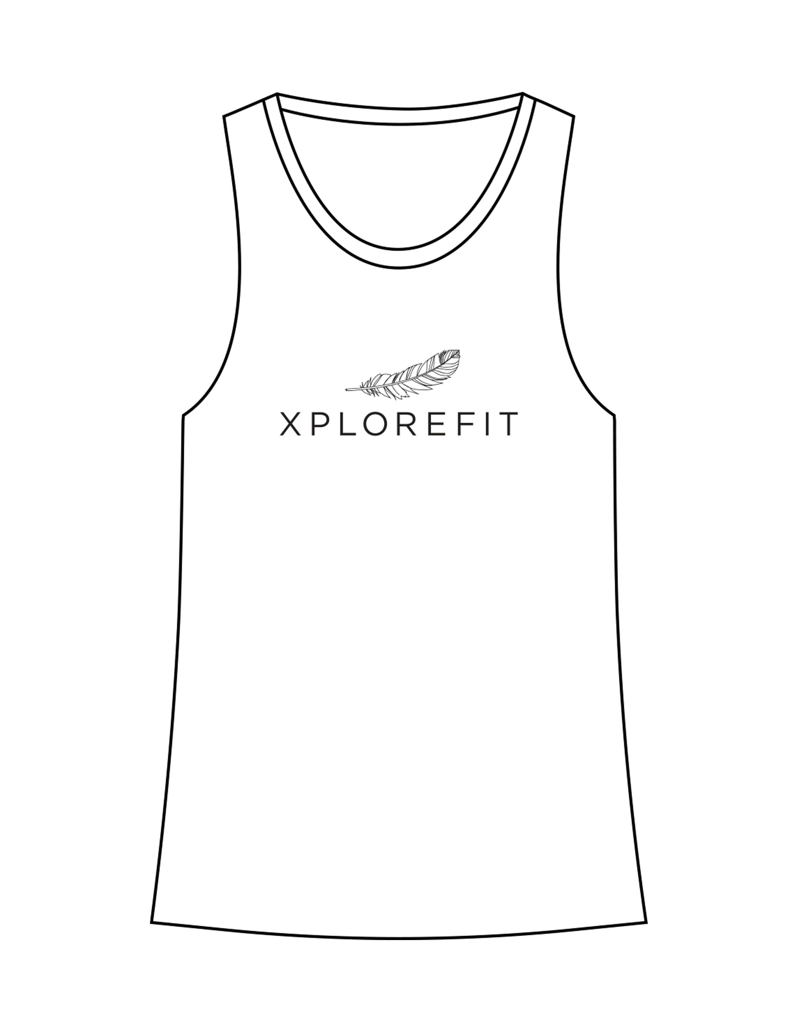 The Crop Muscle Racerback - White - XPLOREFIT - Center Chest Stacked - Printed - Black