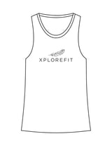 The Crop Muscle Racerback - White - XPLOREFIT - Center Chest Stacked - Printed - Black