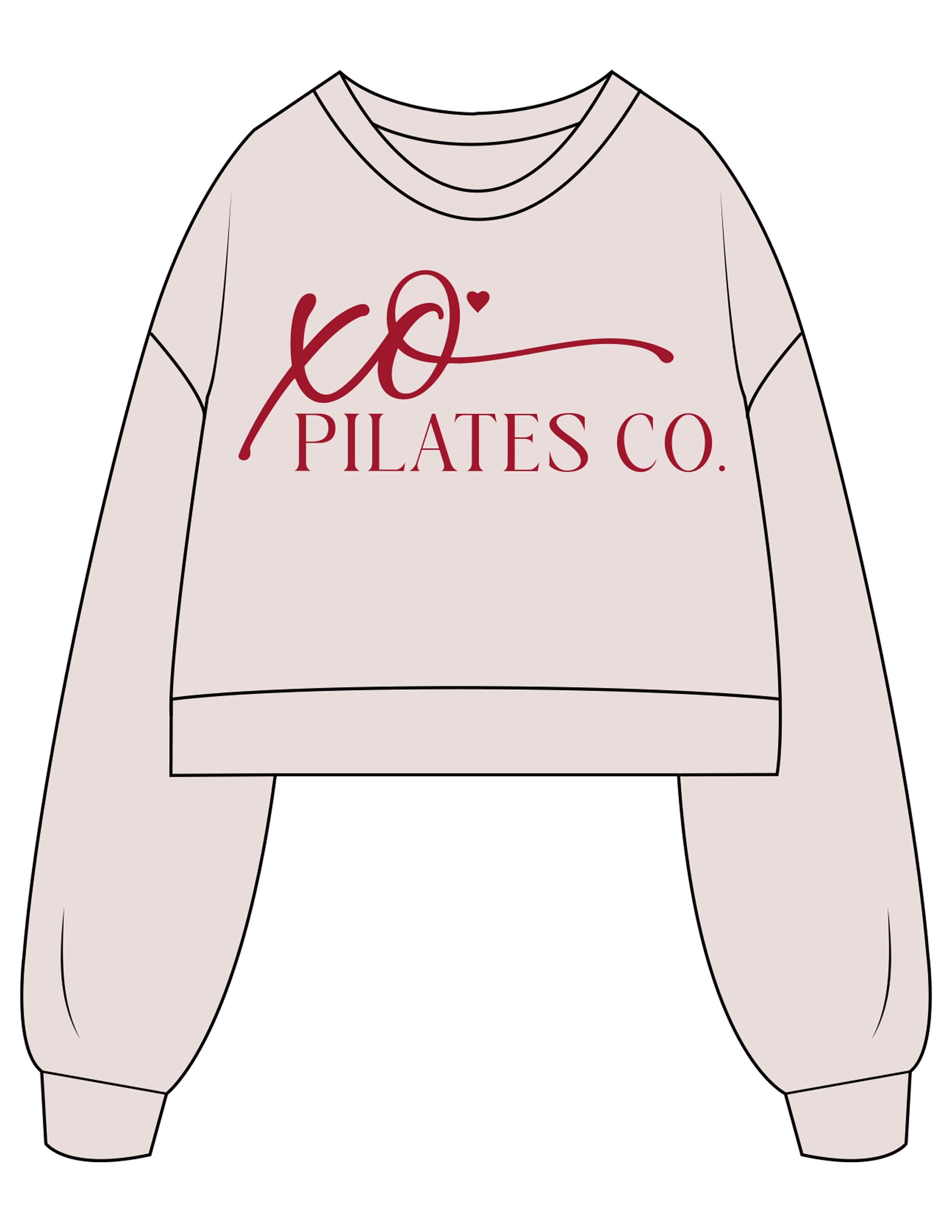The Womens Crop Crewneck - Bone - XO Pilates - Chest Stacked - Printed - Maroon