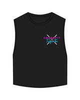 The Crop Muscle Tank - Black - Crossfit Trifecta - Left Chest & Back Neckline & Center Stacked - Full Color
