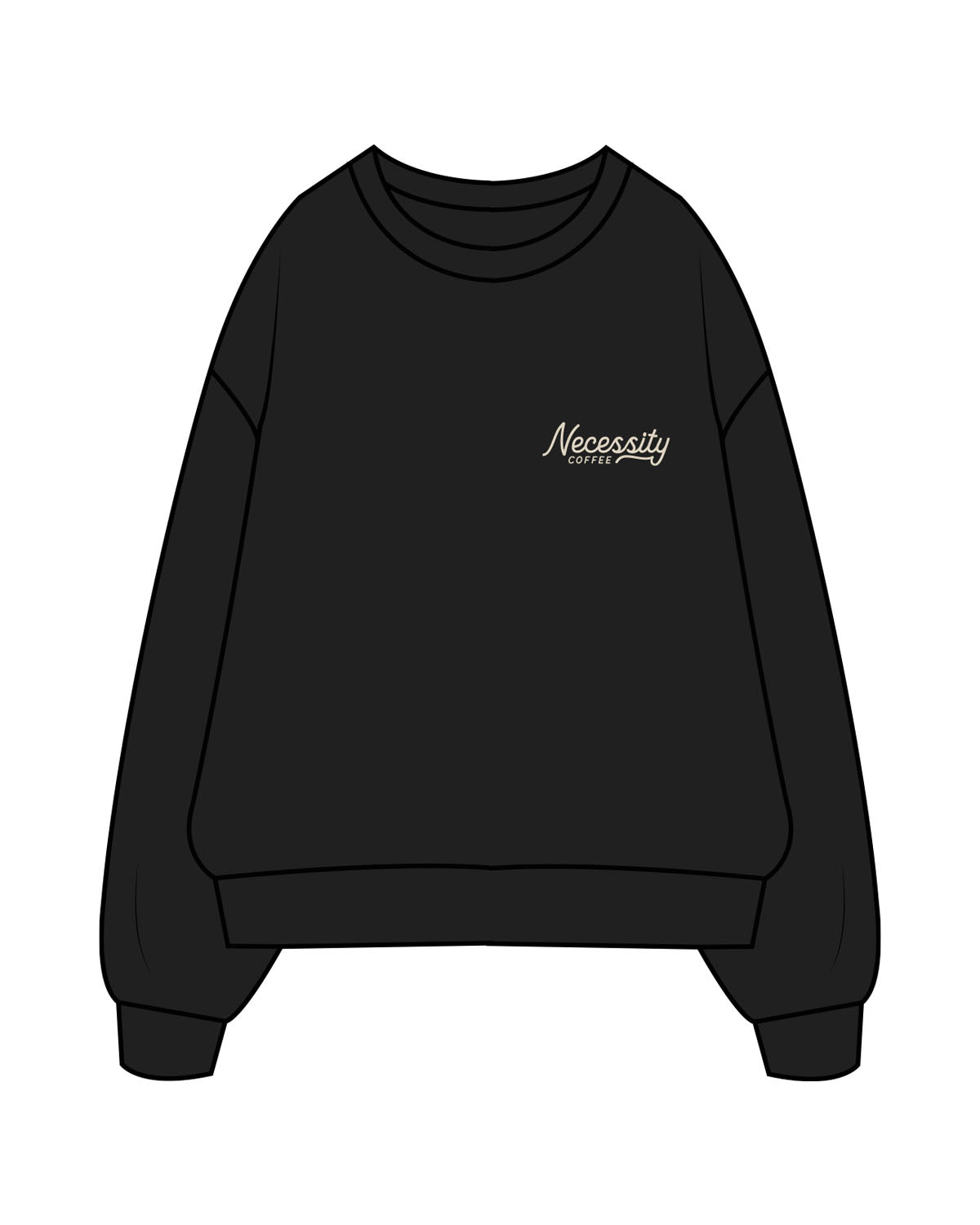 The Mens Crewneck - Black - Necessity Coffee - Left Chest Stacked - Printed - Off White