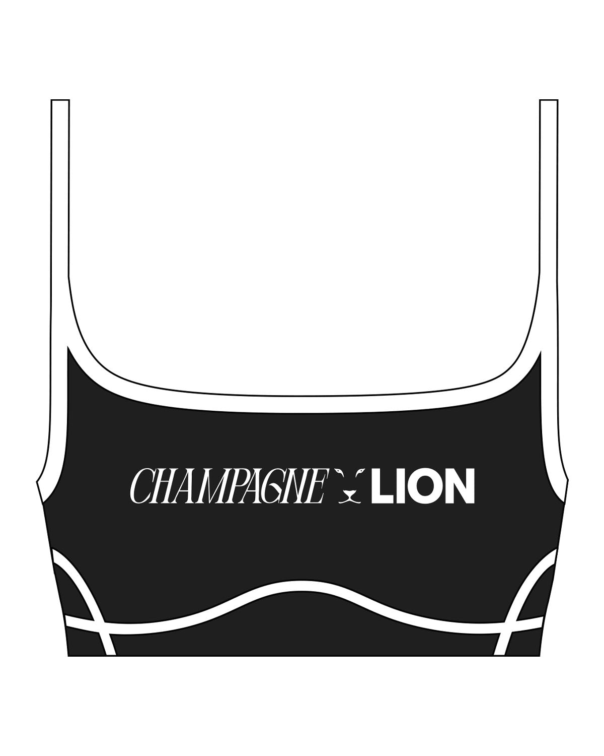The Piped Scoop Sports Bra - Black - Champagne Lion - Center Chest - Printed - White