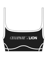 The Piped Scoop Sports Bra - Black - Champagne Lion - Center Chest - Printed - White