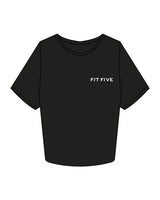 The Boxy Crop Tee - Black - Fit Five - Left Chest Stacked & Center Back Stacked Wavy - White