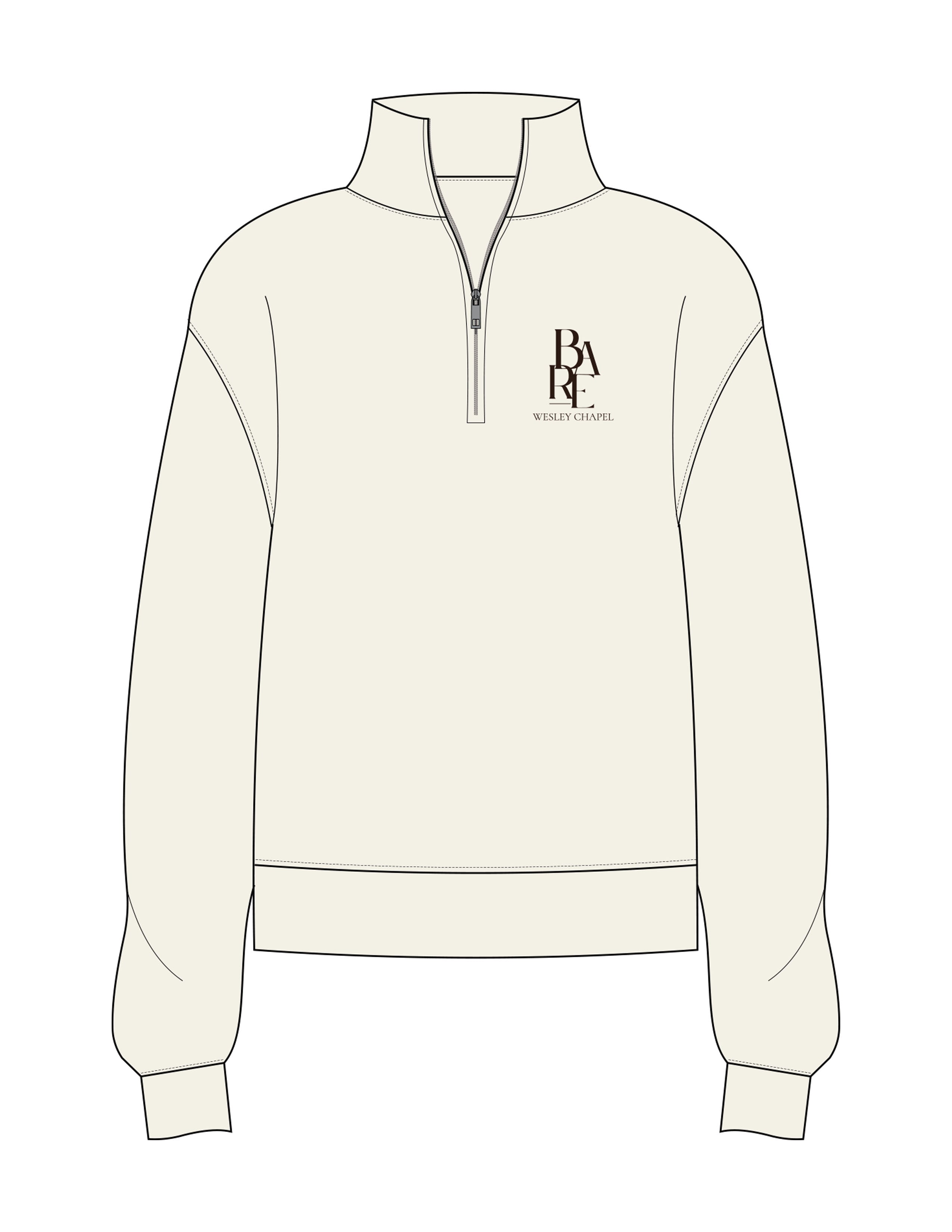 The Womens 1/4 Zip - Off White - Bare Studios - Left Chest Stacked & Back Stacked "BARE STUDIOS" - Printed - Brown