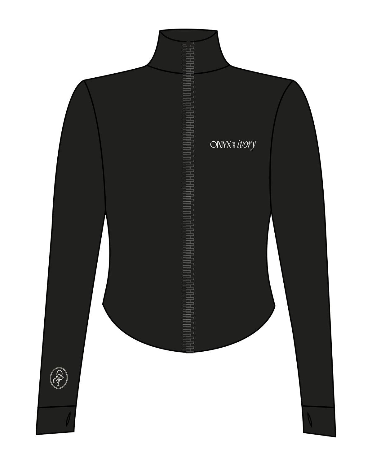 The 3/4 Crop Zip Jacket - Black - Onyx & Ivory - Left Chest & Right Wrist - Printed - White