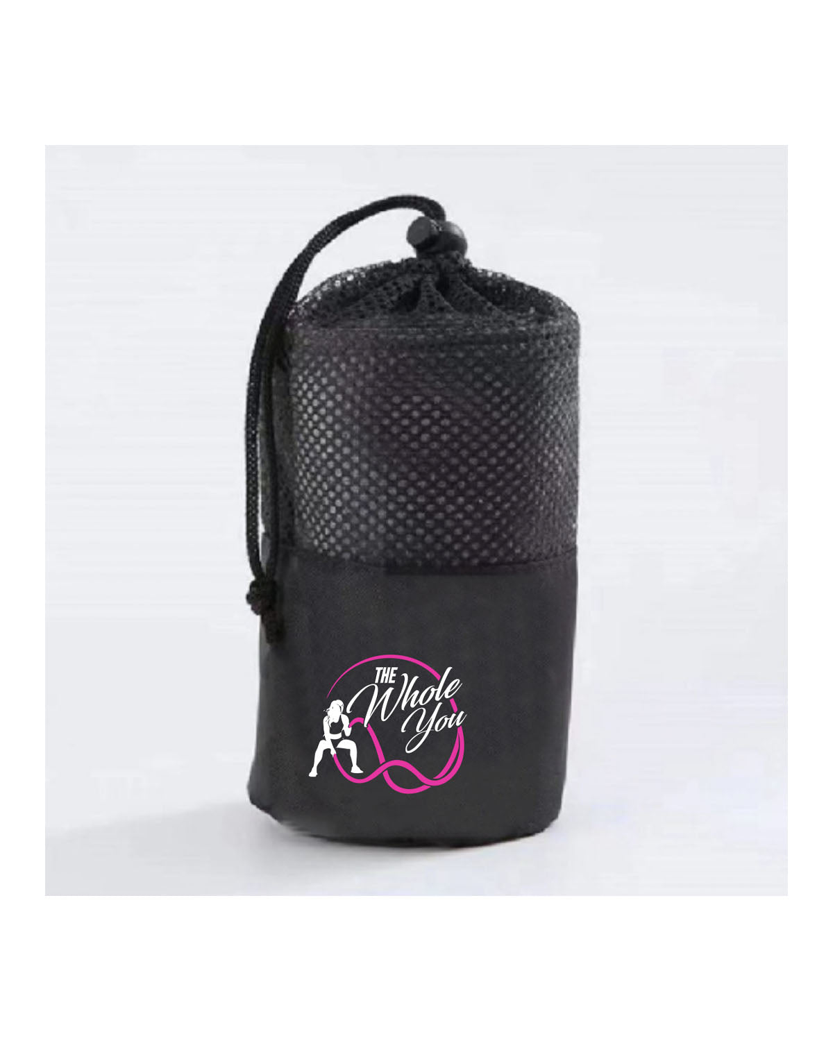 The Gym Towel - Black - The Whole You Wellness - Front Bottom Left Corner - Printed - White - The Gym Towel Bag - Black - Center Body - Printed - Full Color